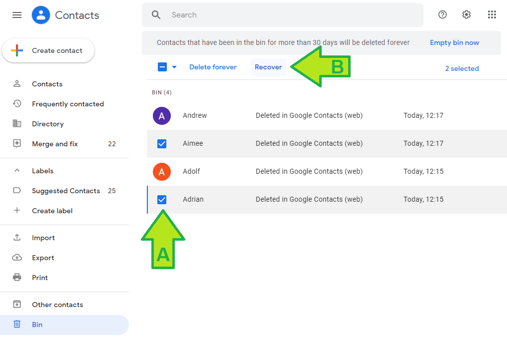 Select multiple contacts to restore