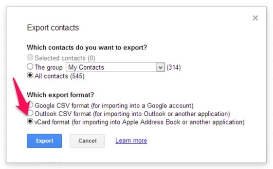 Gmail Export contacts select vCard